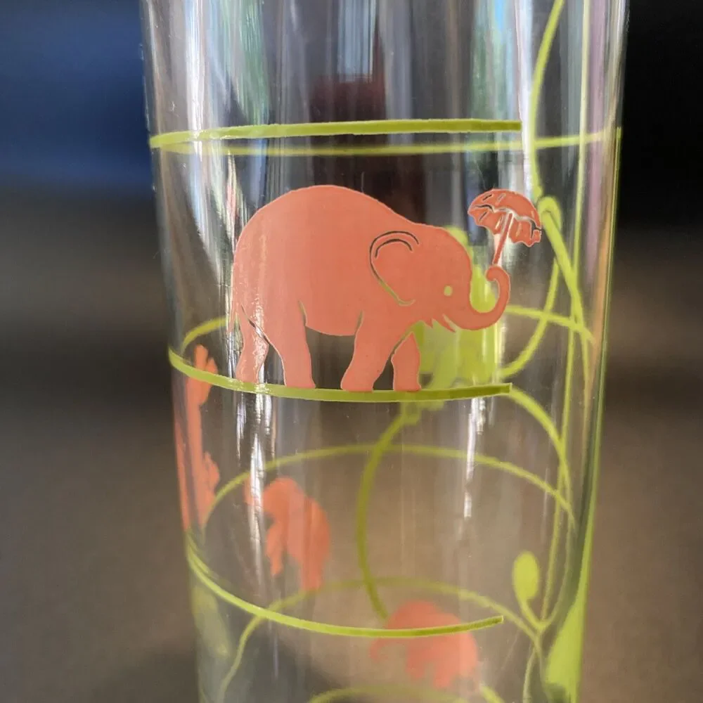 Vintage MCM Federal Glass Pink Elephant & Monkey Musical Notes Highball Glass